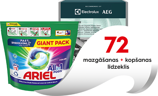 Iegādājoties šo produktu, jūs saņemsiet Ariel veļas mazgāšanas komplektu 72 mazgāšanas reizēm un kopšanas komplektu kā dāvanu!