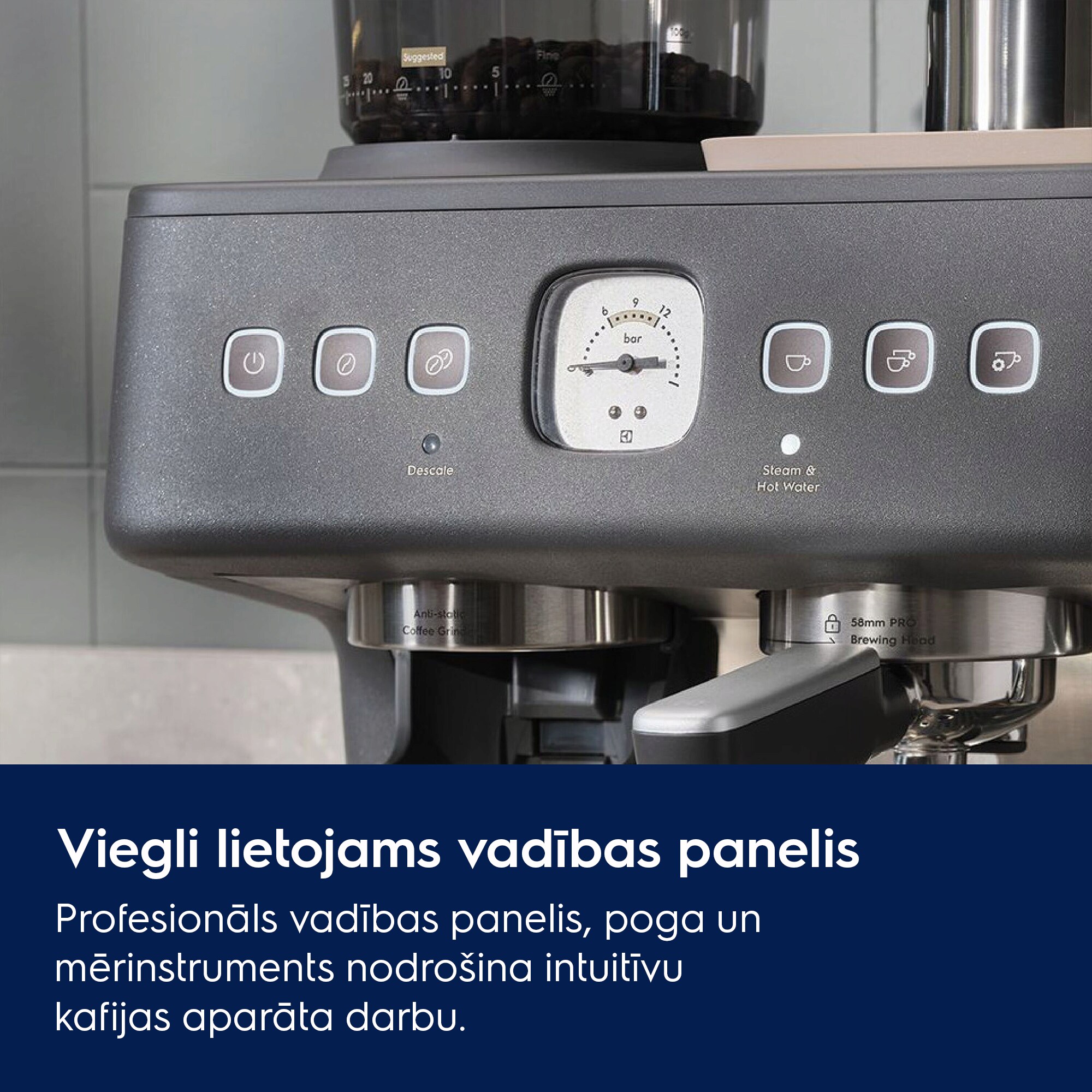 Viegli lietojams vadības panelis Profesionāls vadības panelis, poga un mērinstruments nodrošina intuitīvu kafijas aparāta darbu.