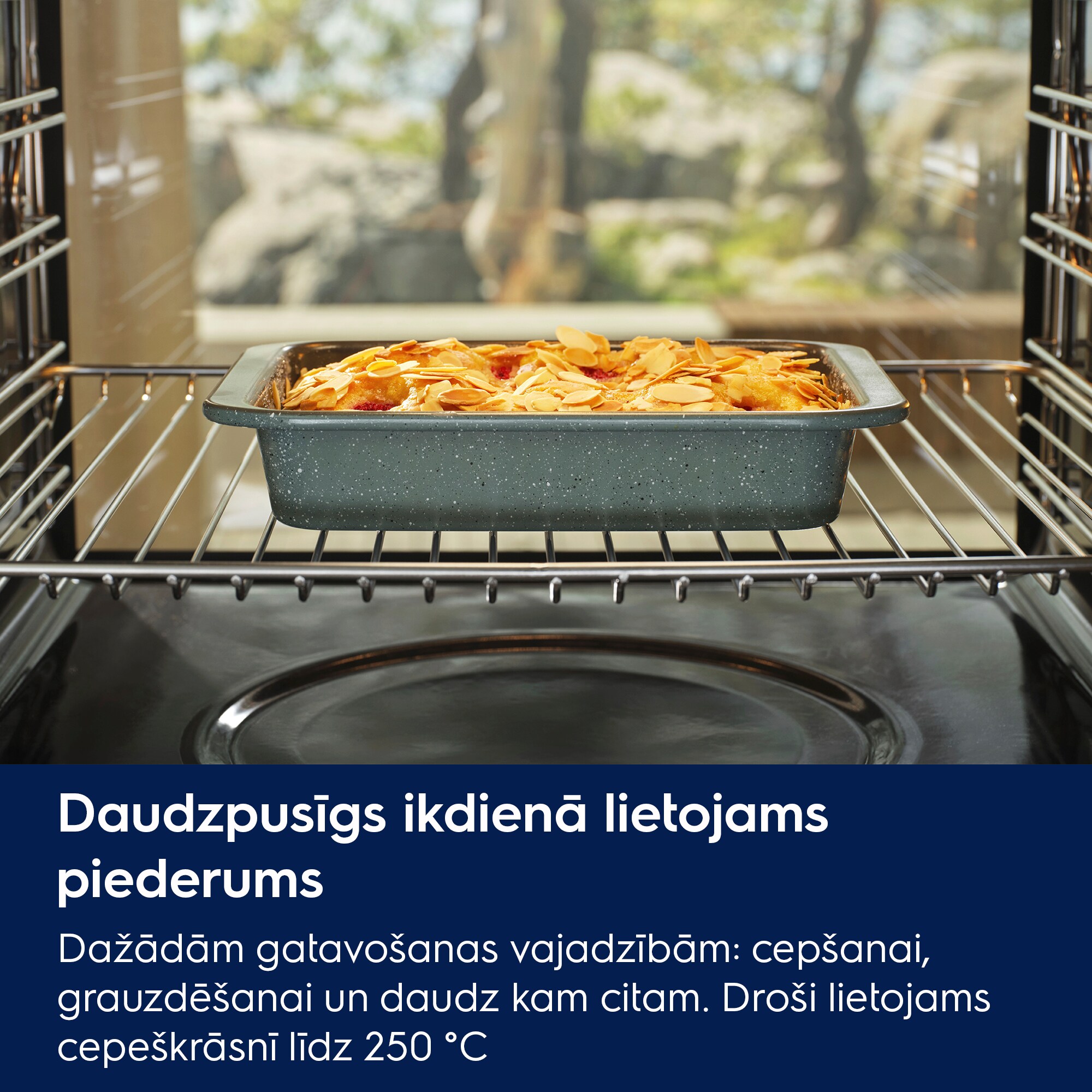 Daudzpusīgs ikdienā lietojams piederums Dažādām gatavošanas vajadzībām: cepšanai, grauzdēšanai un daudz kam citam. Droši lietojams cepeškrāsnī līdz 250 °C