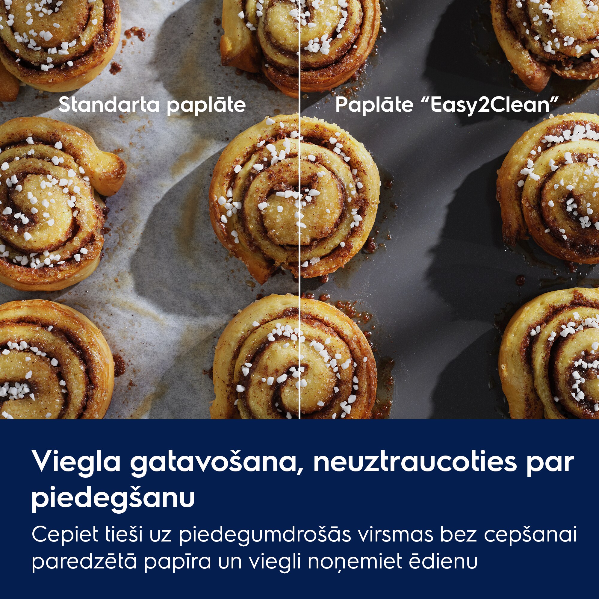 Viegla gatavošana, neuztraucoties par piedegšanu Cepiet tieši uz piedegumdrošās virsmas bez cepšanai paredzētā papīra un viegli noņemiet ēdienu  Standarta paplāte Paplāte “Easy2Clean”