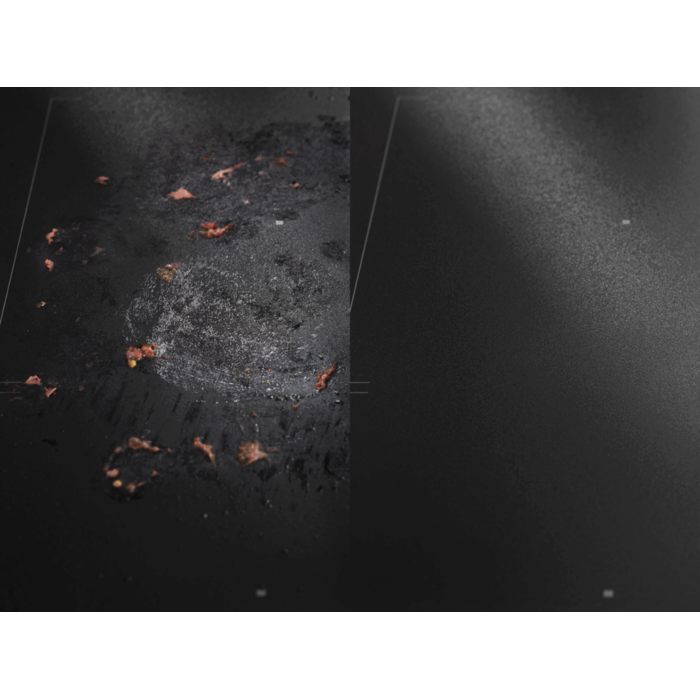 Before-and-after comparison showing Hob Cleaner removing a tomato stain from the hob surface.