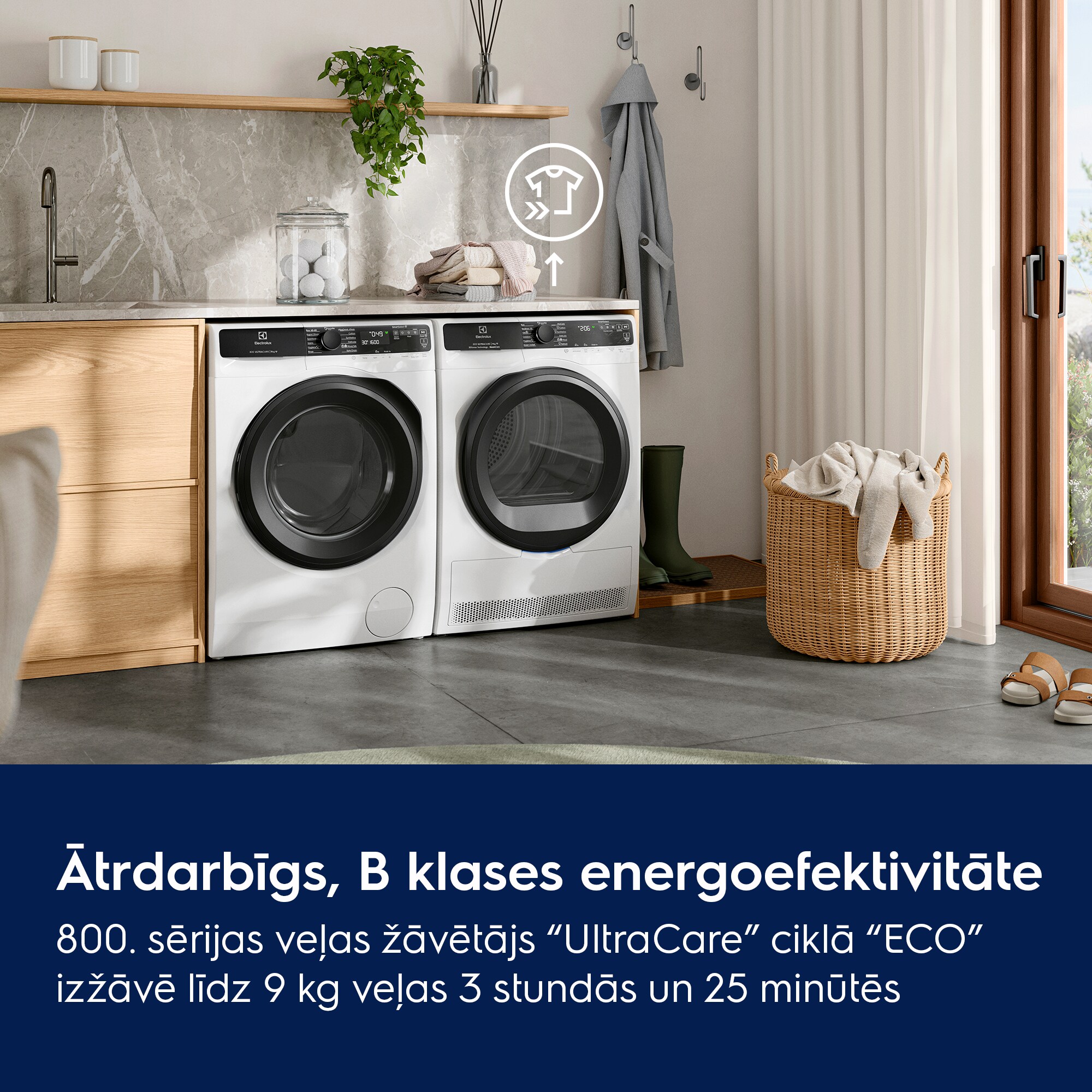 ĀTRDARBĪGS, B KLASES ENERGOEFEKTIVITĀTE. 800. sērijas veļas žāvētājs “UltraCare” ciklā “ECO” izžāvē līdz 9 kg veļas 3 stundās un 25 minūtēs