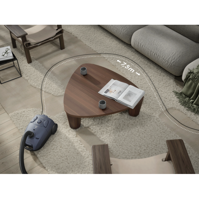 Vacuum cleaner designed for easy cleaning of larger areas without needing to switch power outlets.