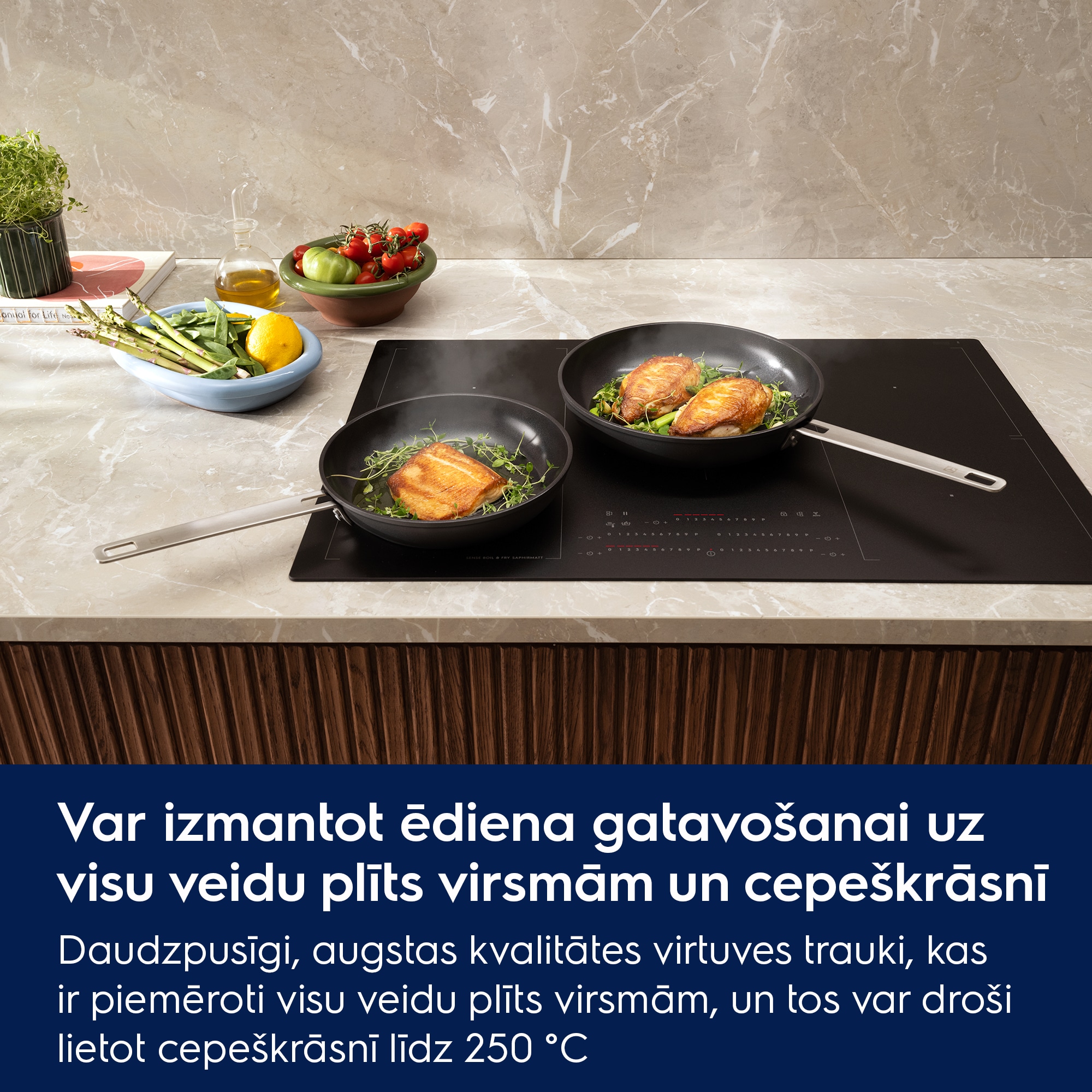 Var izmantot ēdiena gatavošanai uz visu veidu plīts virsmām un cepeškrāsnī Daudzpusīgi, augstas kvalitātes virtuves trauki, kas ir piemēroti visu veidu plīts virsmām, un tos var droši lietot cepeškrāsnī līdz 250 °C.