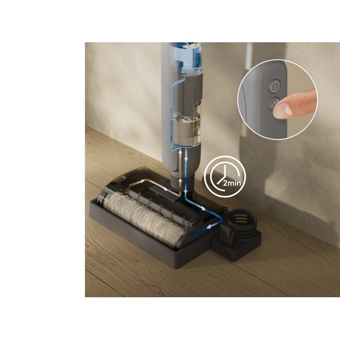 After use, the automatic self-cleaning refreshes the brush roll with clean water in just 2 minutes