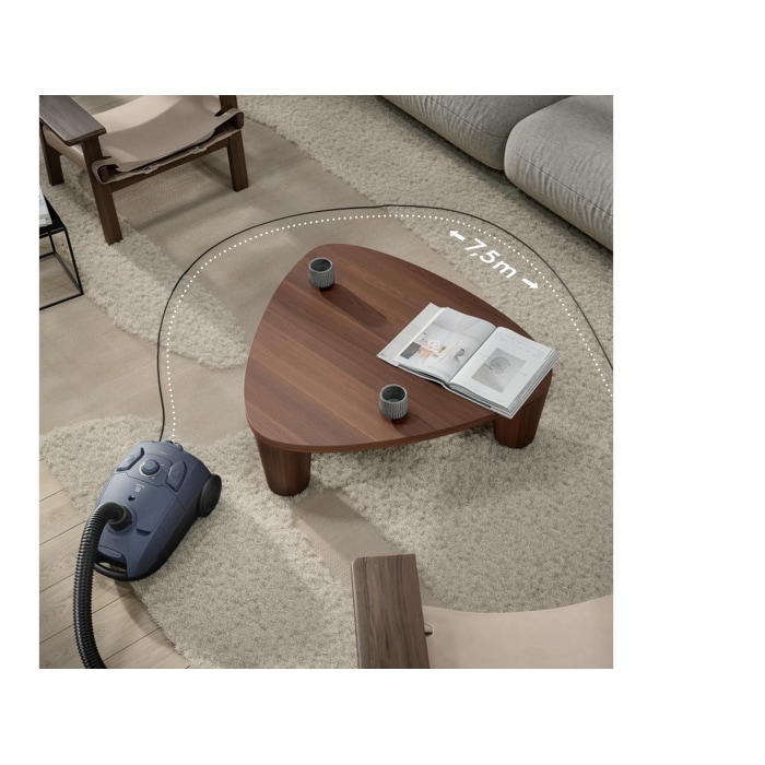 Vacuum cleaner designed for easy cleaning of larger areas without needing to switch power outlets.