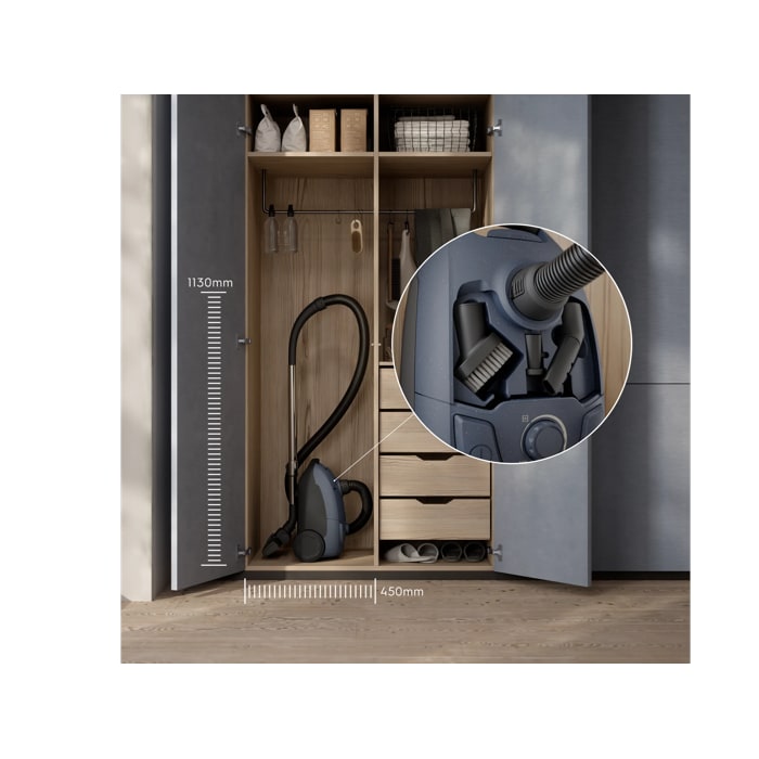 COMPACT DESIGN FOR EASY STORAGE Convenient size to fit into any home, and the accessories are stored on-board for easy access