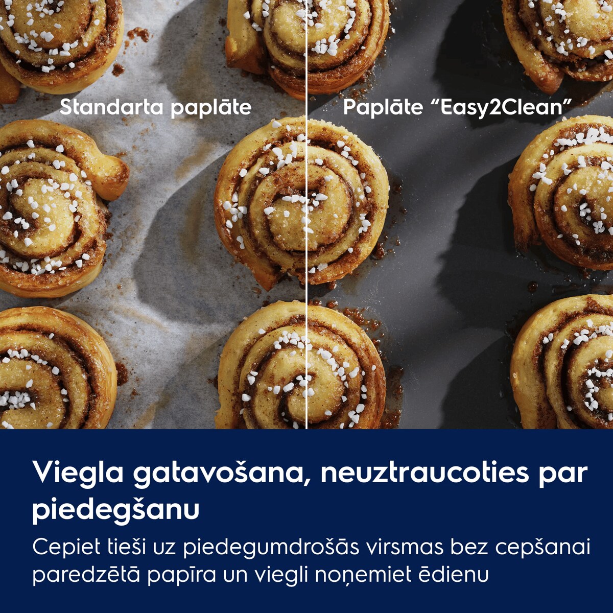 Viegla gatavošana, neuztraucoties par piedegšanu Cepiet tieši uz piedegumdrošās virsmas bez cepšanai paredzētā papīra un viegli noņemiet ēdienu  Standarta paplāte Paplāte “Easy2Clean”