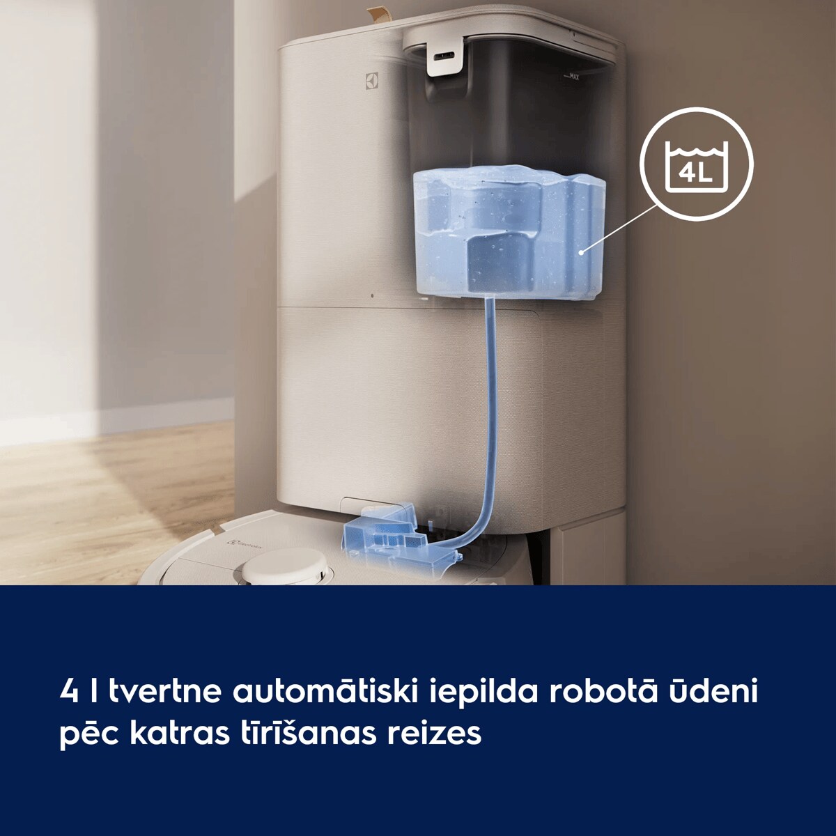 4 l tvertne automātiski iepilda robotā ūdeni pēc katras tīrīšanas reizes