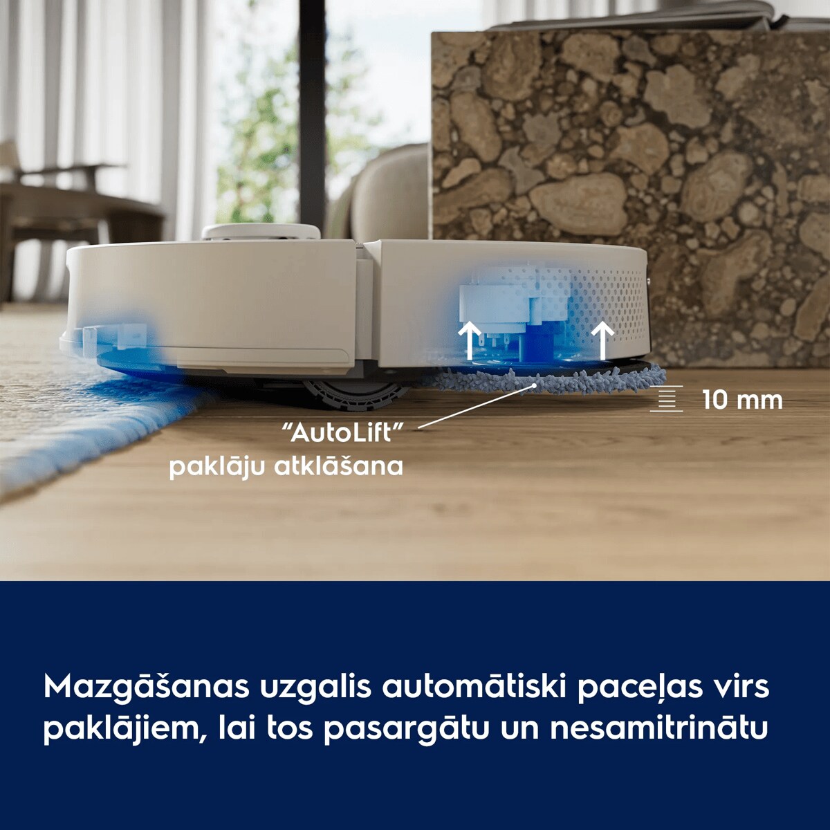 Mazgāšanas uzgalis automātiski paceļas virs paklājiem, lai tos pasargātu un nesamitrinātu      “AutoLift” paklāju atklāšana