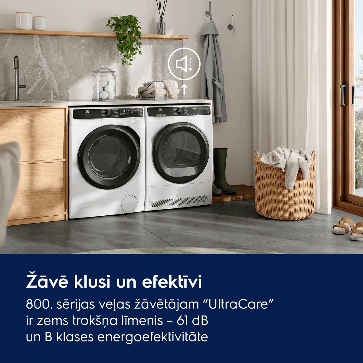 Žāvē klusi un efektīvi. 800. sērijas veļas žāvētājam “UltraCare” ir zems trokšņa līmenis – 61 dB – un B klases energoefektivitāte