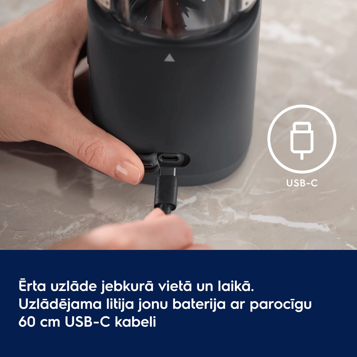 Ērta uzlāde jebkurā vietā un laikā. Uzlādējama litija jonu baterija ar parocīgu 60 cm USB-C kabeli