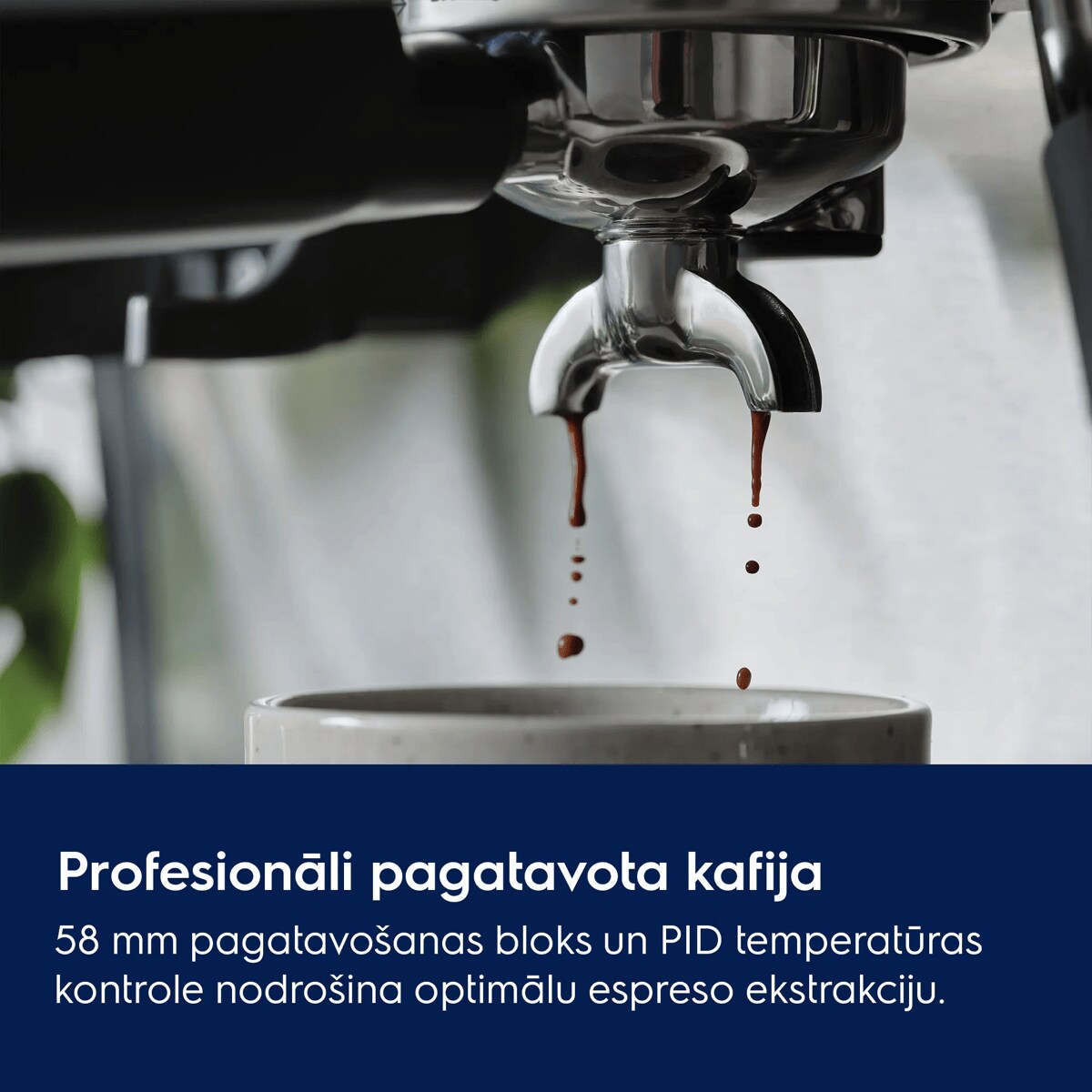 Profesionāli pagatavota kafija 58 mm pagatavošanas bloks un PID temperatūras kontrole nodrošina optimālu espreso ekstrakciju.