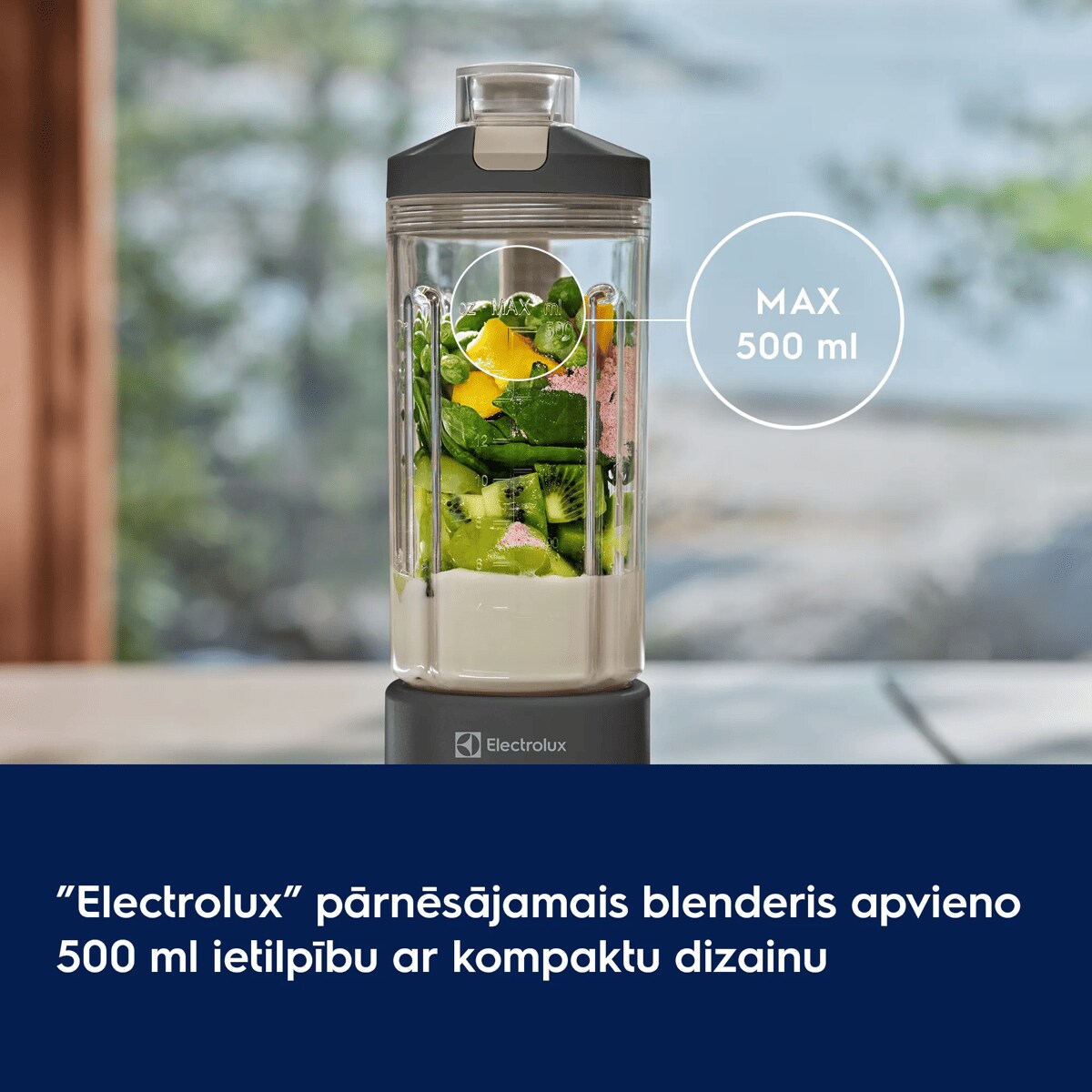 ”Electrolux” pārnēsājamais blenderis apvieno 500 ml ietilpību ar kompaktu dizainu