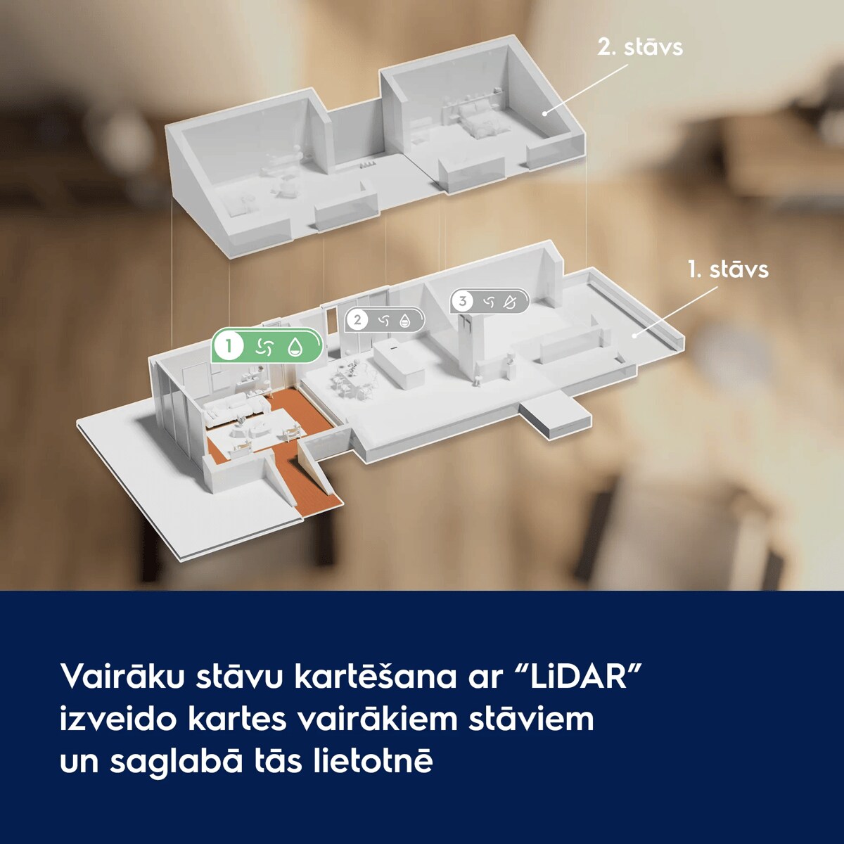 Vairāku stāvu kartēšana ar “LiDAR” izveido kartes vairākiem stāviem un saglabā tās lietotnē      2. stāvs 1. stāvs