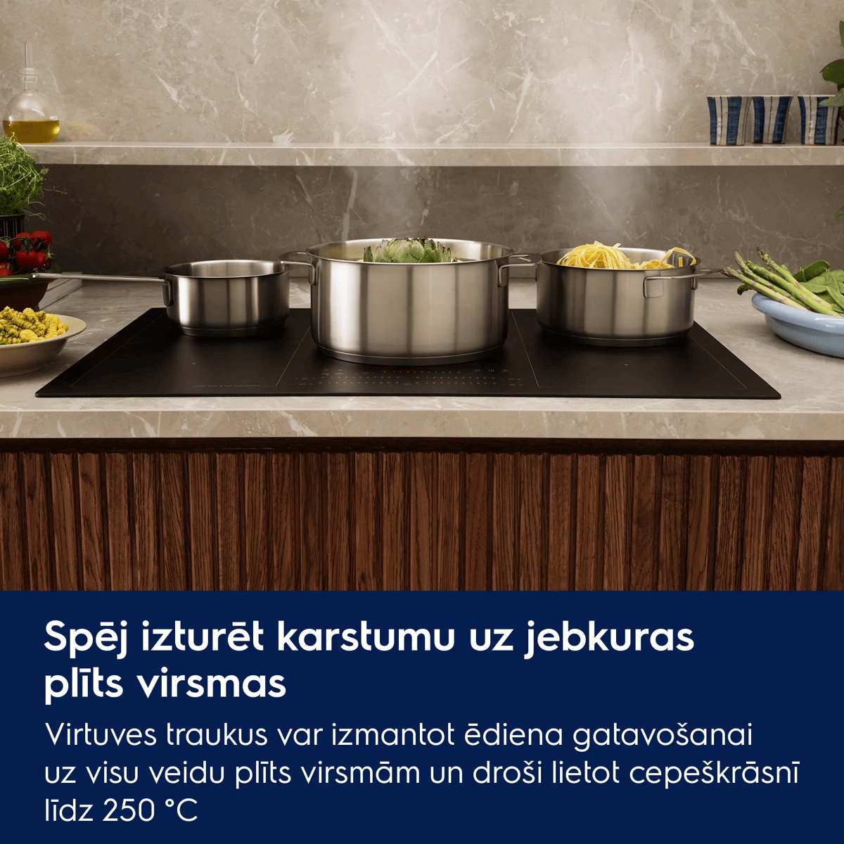 Spēj izturēt karstumu uz jebkuras plīts virsmas Virtuves traukus var izmantot ēdiena gatavošanai uz visu veidu plīts virsmām un droši lietot cepeškrāsnī līdz 250 °C.