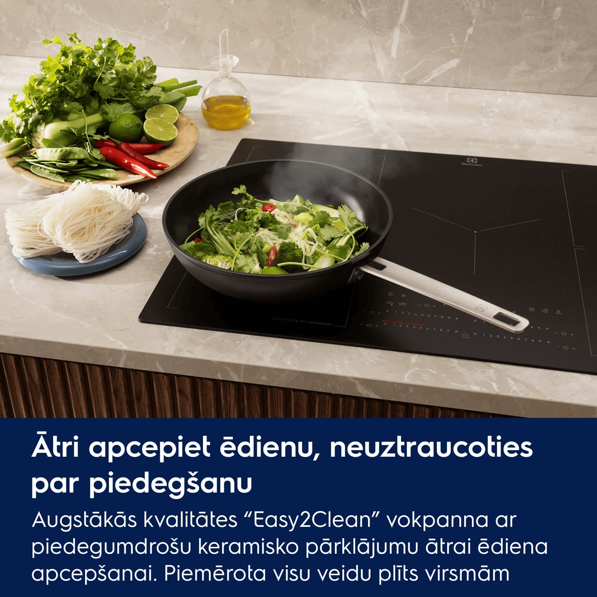 Ātri apcepiet ēdienu, neuztraucoties par piedegšanu Augstākās kvalitātes “Easy2Clean” vokpanna ar piedegumdrošu keramisko pārklājumu ātrai ēdiena apcepšanai. Piemērota visu veidu plīts virsmām