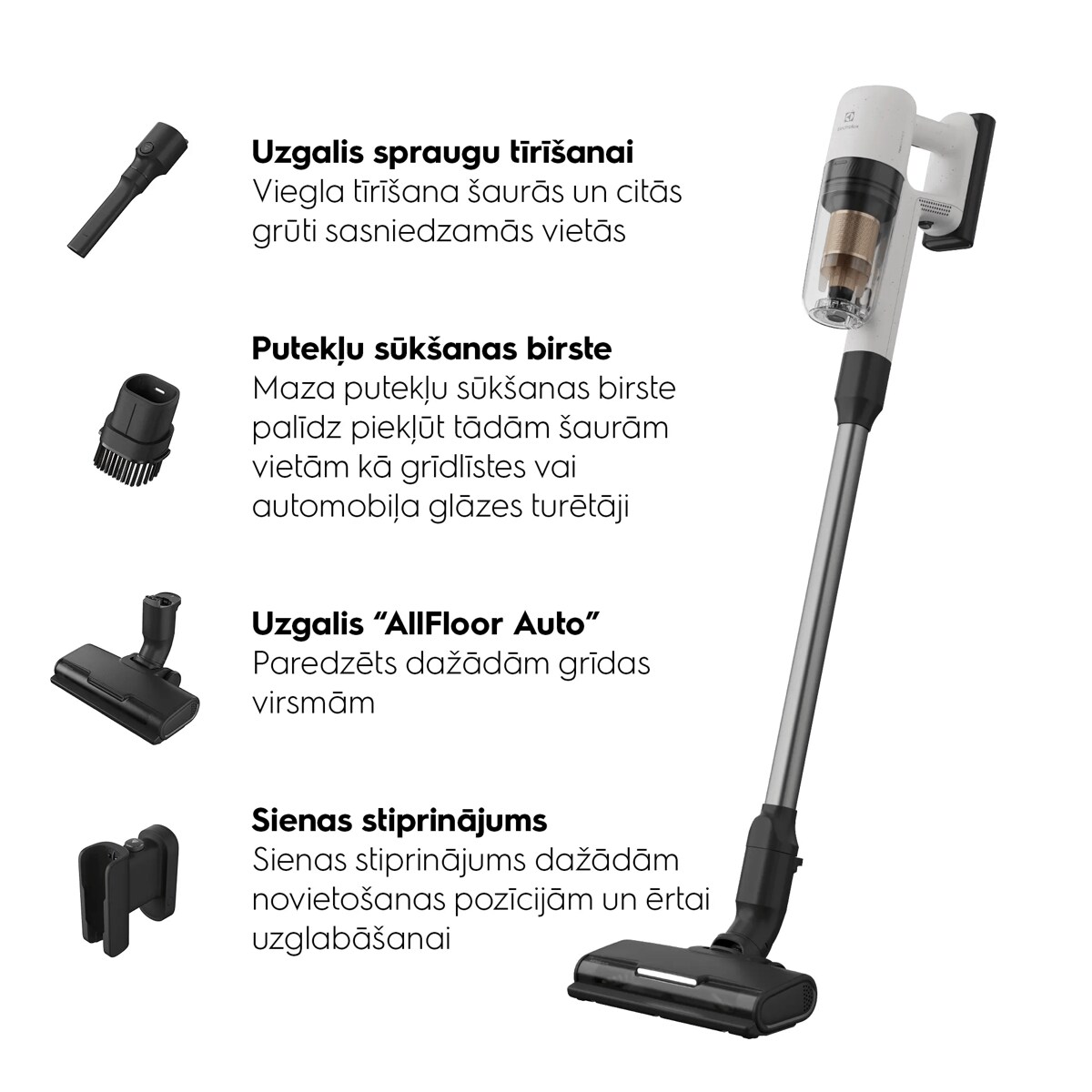 Uzgalis spraugu sūkšanai Viegla tīrīšana šaurās un citās grūti sasniedzamās vietās  Putekļu sūkšanas suka Maza putekļu sūkšanas suka palīdz piekļūt tādām šaurām vietām kā grīdlīstes vai automobiļa glāzes turētāji Uzgalis “AllFloor Auto” Paredzēts dažādām grīdas virsmām Sienas stiprinājums