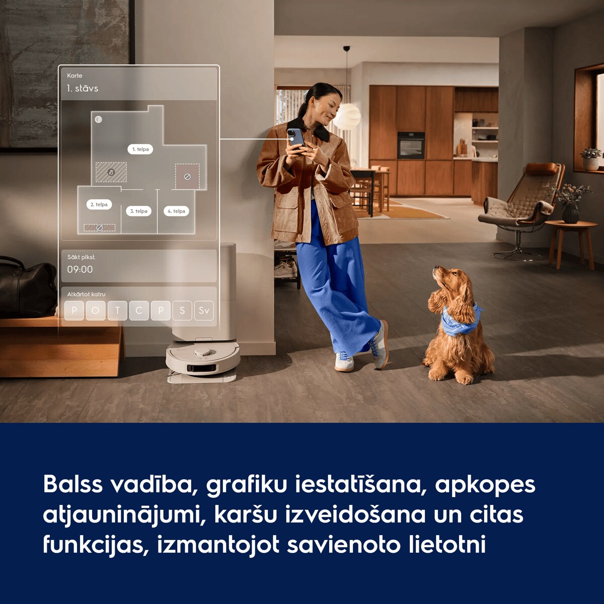 Balss vadība, grafiku iestatīšana, apkopes atjauninājumi, karšu izveidošana un citas funkcijas, izmantojot savienoto lietotni