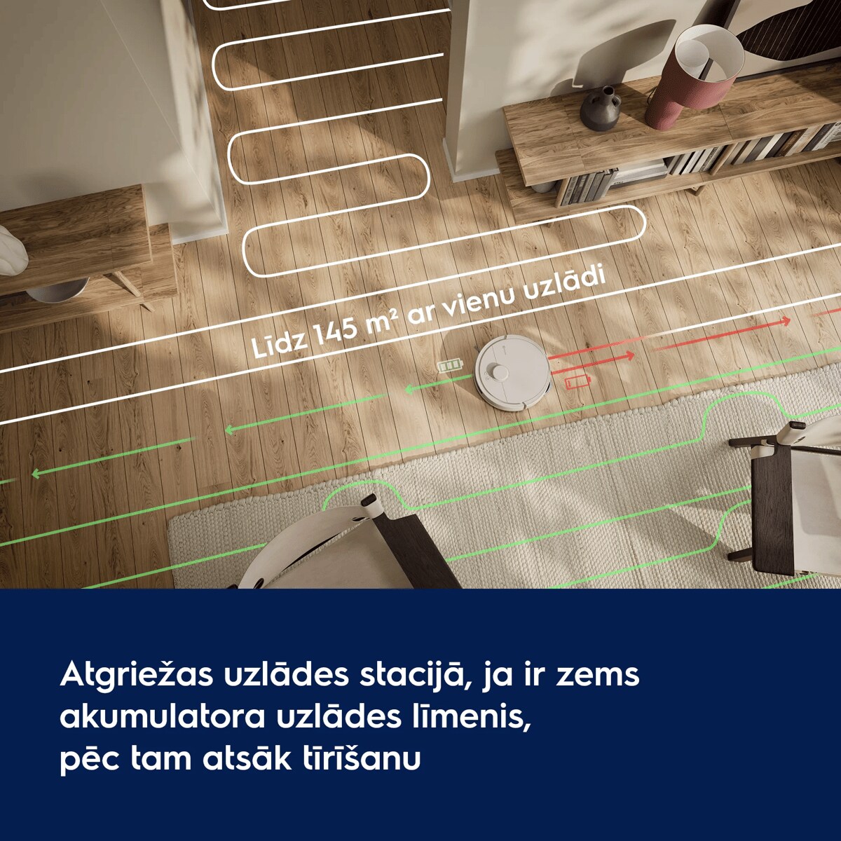 Atgriežas uzlādes stacijā, ja ir zems akumulatora uzlādes līmenis, pēc tam atsāk tīrīšanu      Līdz 145 m² ar vienu uzlādi