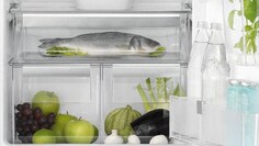 Electrolux FreshPlus ledusskapja tuvplāns, kur produkti redzami uz katra plaukta