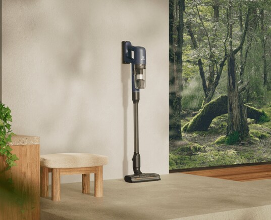 Cordless vacuum cleaner in room next to a window