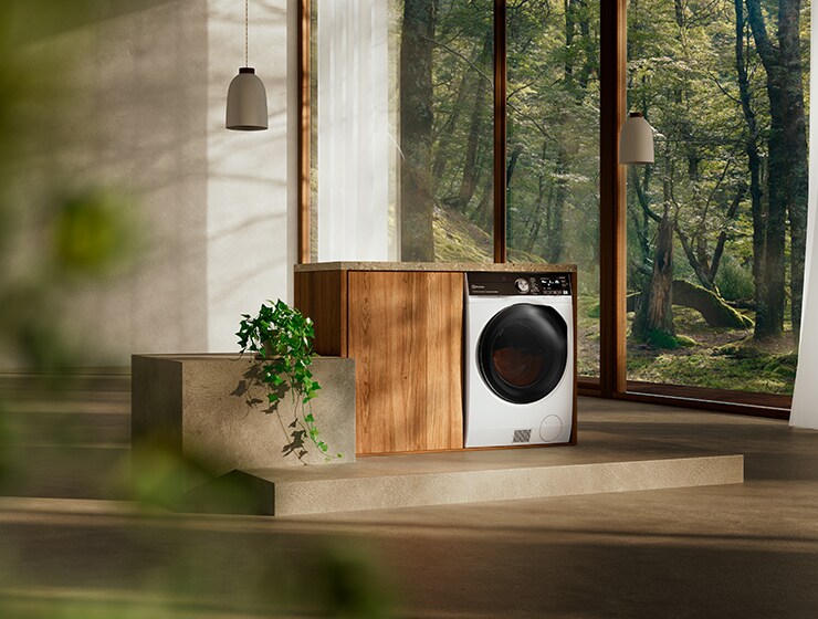 Veļas mazgājamā mašīna telpā ar lielu logu fonā.